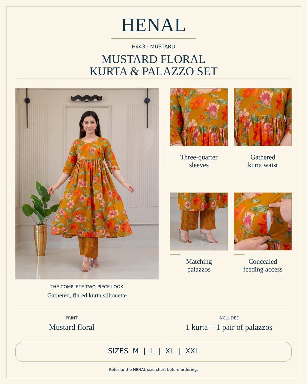 HENAL H443 kurta and palazzo set product infographic using original photographs and verified garment details; one kurta and one pair of matching palazzos, sizes M, L, XL and XXL.