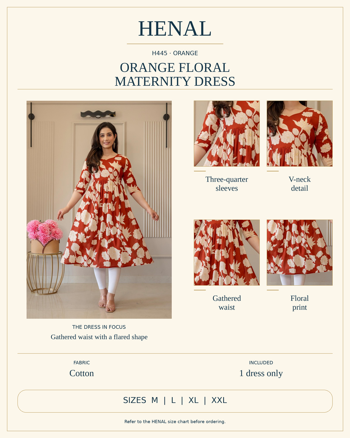 HENAL H445 product infographic with unchanged original photograph and detail crops showing Three-quarter sleeves, V-neck detail, Gathered waist, Floral print. Fabric: Cotton. Includes 1 dress only. Size options: M, L, XL, XXL.