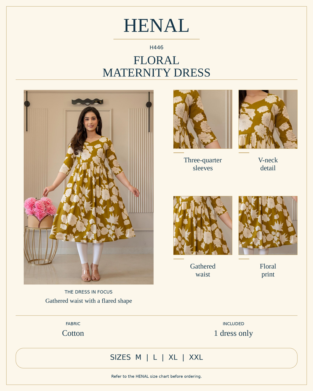 HENAL H446 cotton floral maternity dress infographic using the unchanged original photo, with three-quarter sleeves, V-neck detail and gathered waist; includes one dress only, sizes M, L, XL and XXL.