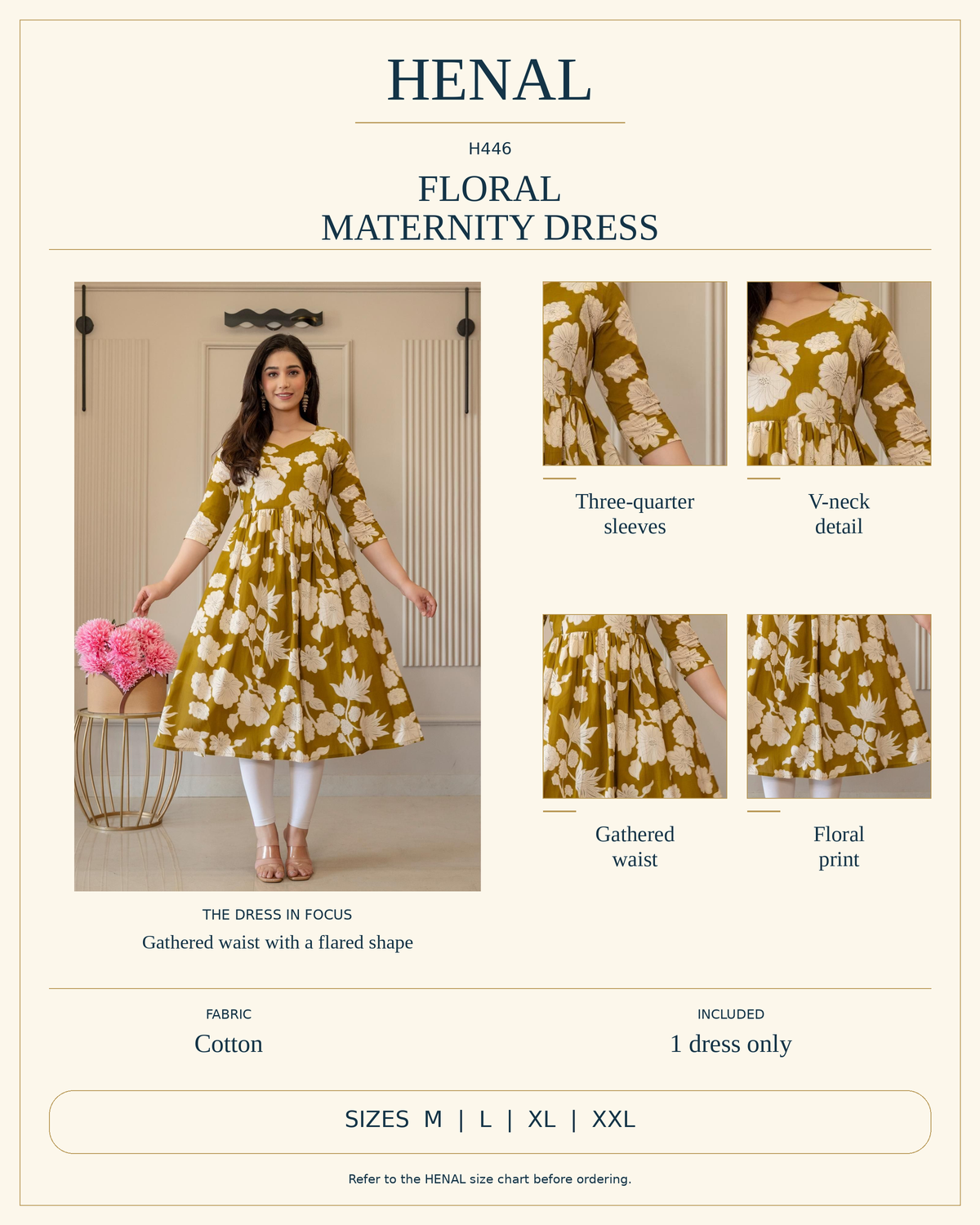 HENAL H446 cotton floral maternity dress infographic using the unchanged original photo, with three-quarter sleeves, V-neck detail and gathered waist; includes one dress only, sizes M, L, XL and XXL.