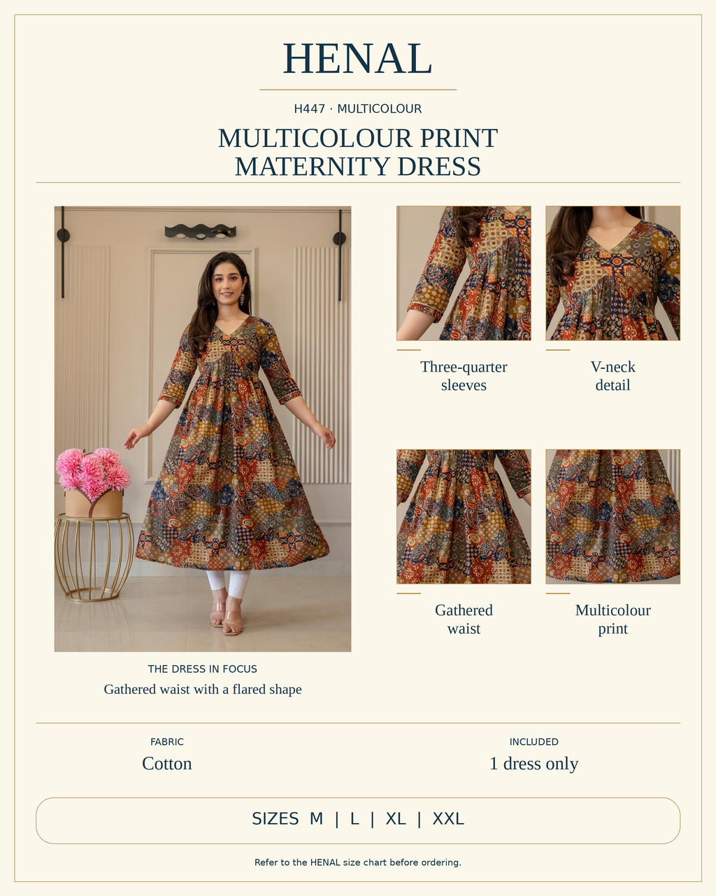 HENAL H447 product infographic with unchanged original photograph and detail crops showing Three-quarter sleeves, V-neck detail, Gathered waist, Multicolour print. Fabric: Cotton. Includes 1 dress only. Size options: M, L, XL, XXL.