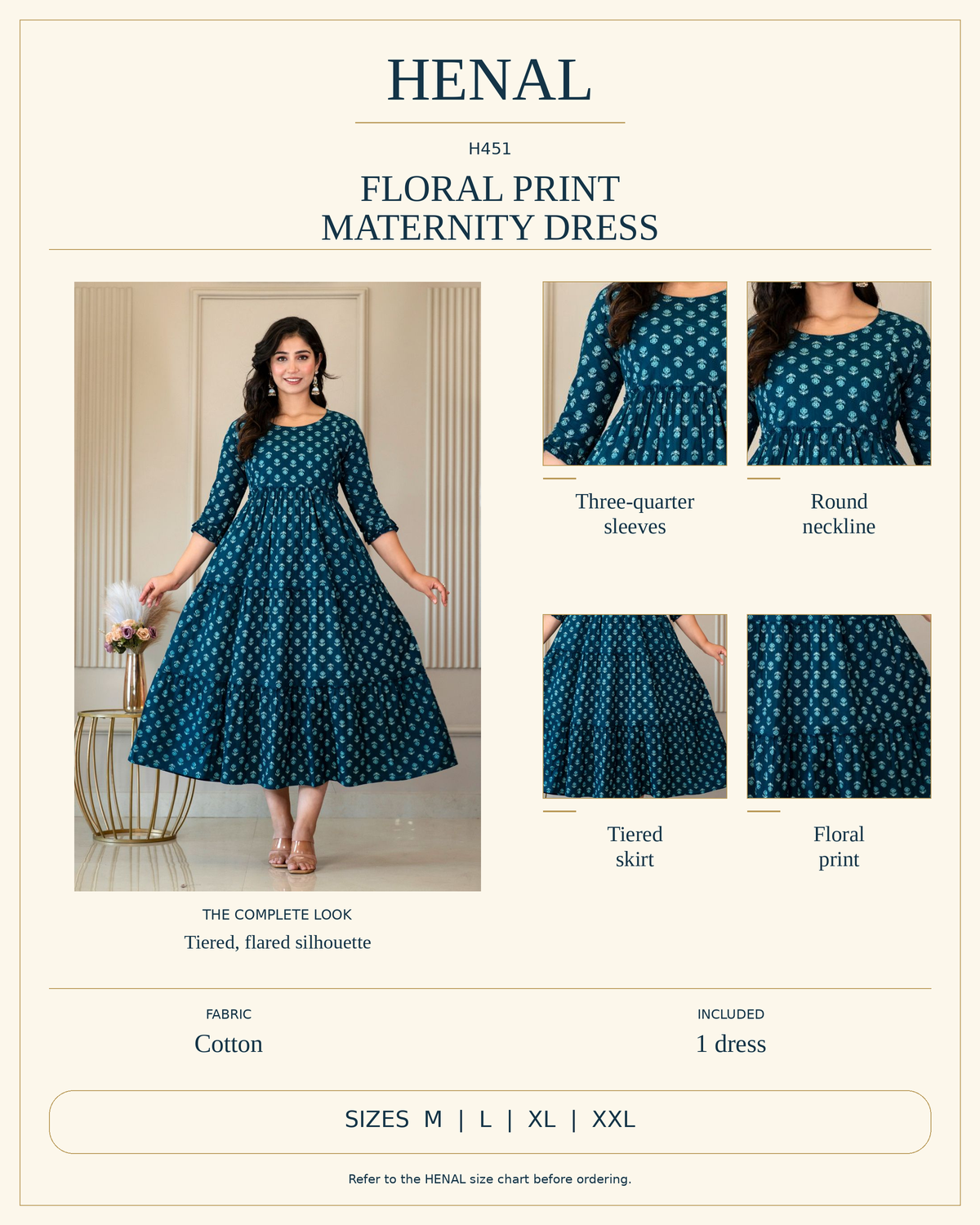 HENAL H451 cotton floral maternity dress infographic using unchanged original photographs, showing three-quarter sleeves, round neckline and tiered skirt; one dress, sizes M, L, XL and XXL.