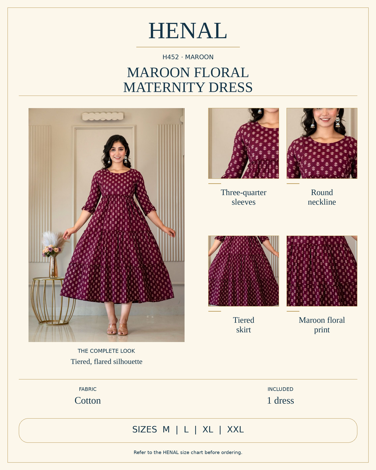 HENAL H452 product infographic with unchanged original photograph and detail crops showing Three-quarter sleeves, Round neckline, Tiered skirt, Maroon floral print. Fabric: Cotton. Includes 1 dress. Size options: M, L, XL, XXL.
