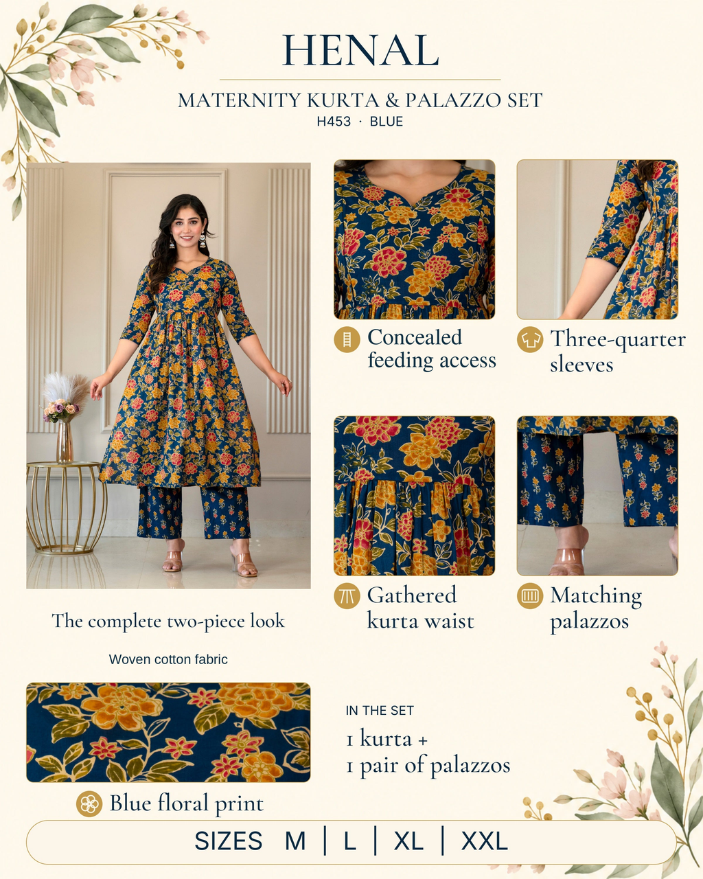 HENAL H453 blue woven cotton maternity kurta and palazzo set infographic with original product photos and verified details.