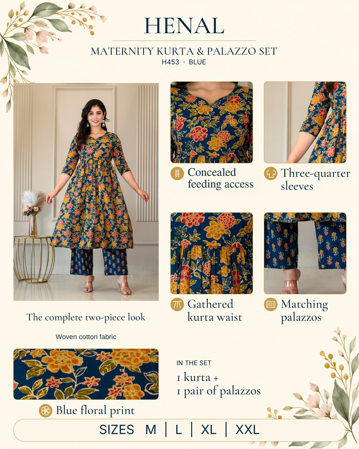 HENAL H453 blue woven cotton maternity kurta and palazzo set infographic with original product photos and verified details.