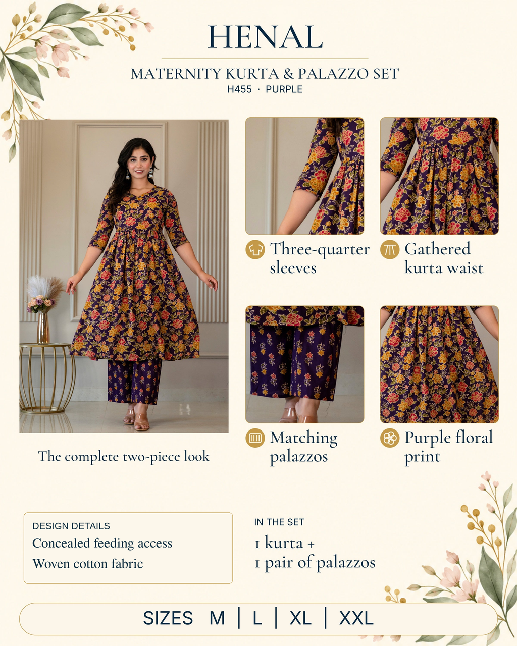 HENAL H455 purple woven cotton maternity kurta and palazzo set infographic with original product photos and verified details.