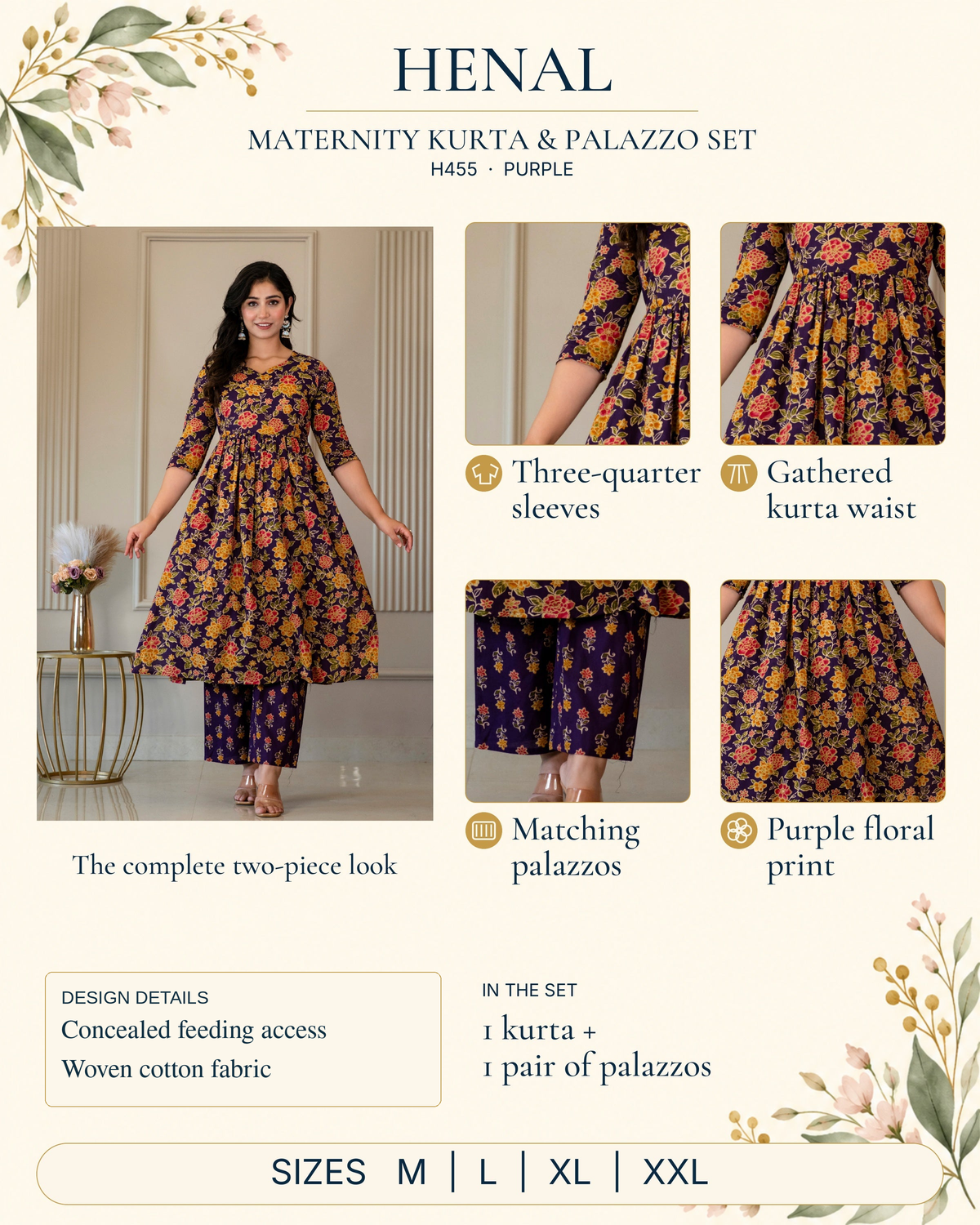 HENAL H455 purple woven cotton maternity kurta and palazzo set infographic with original product photos and verified details.