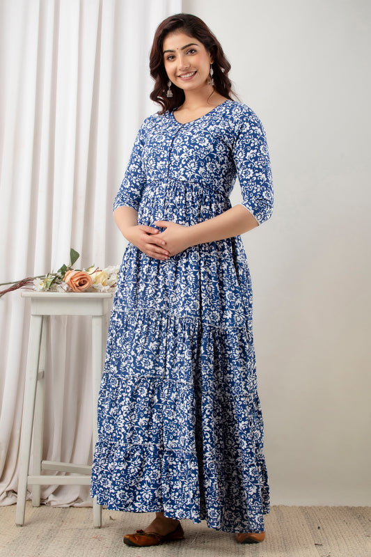 Royal Blue Floral Pure Cotton Maternity Dress | Feeding Friendly Comfortable Pregnancy Wear - HENAL