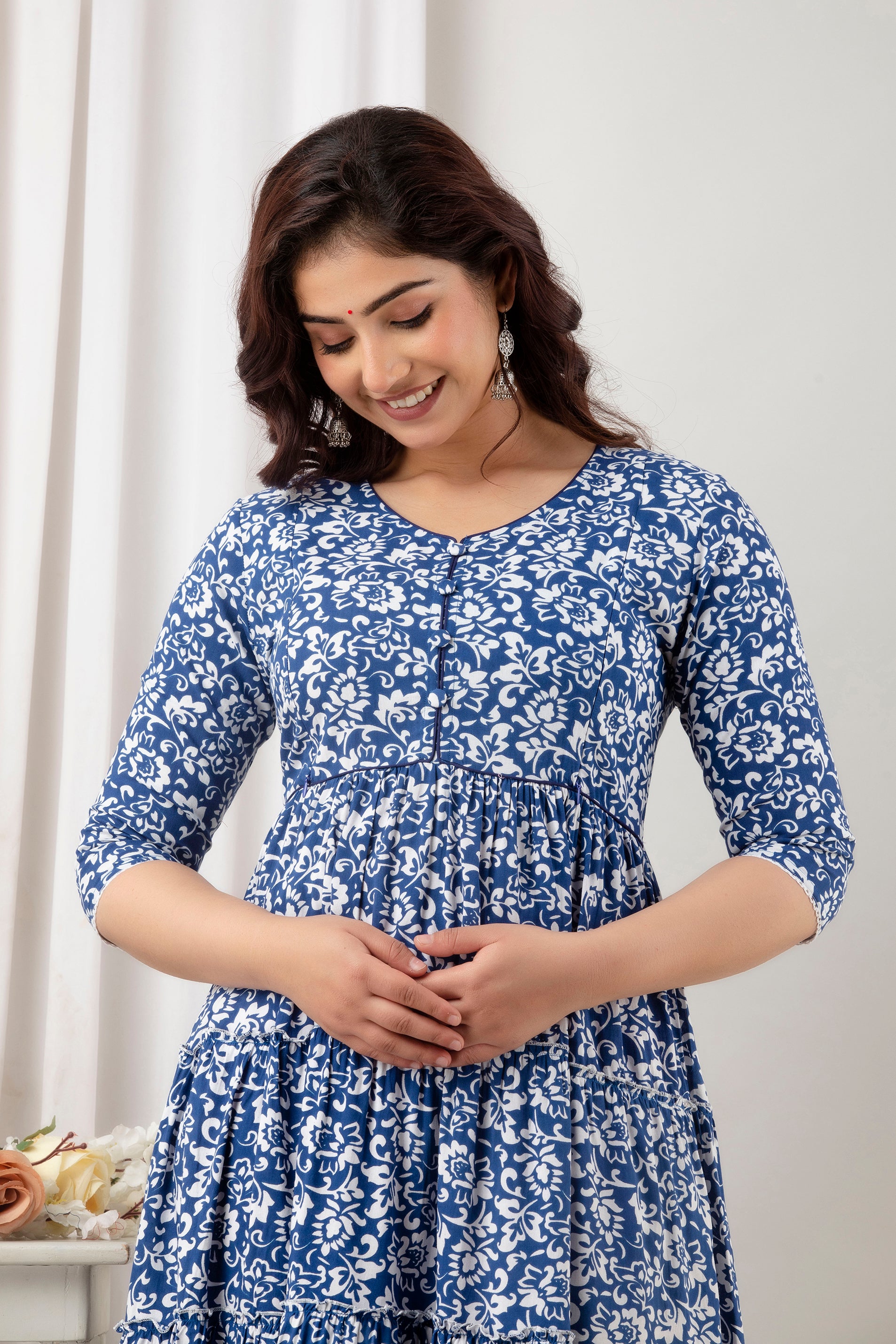 Royal Blue Floral Pure Cotton Maternity Dress | Feeding Friendly Comfortable Pregnancy Wear - HENAL