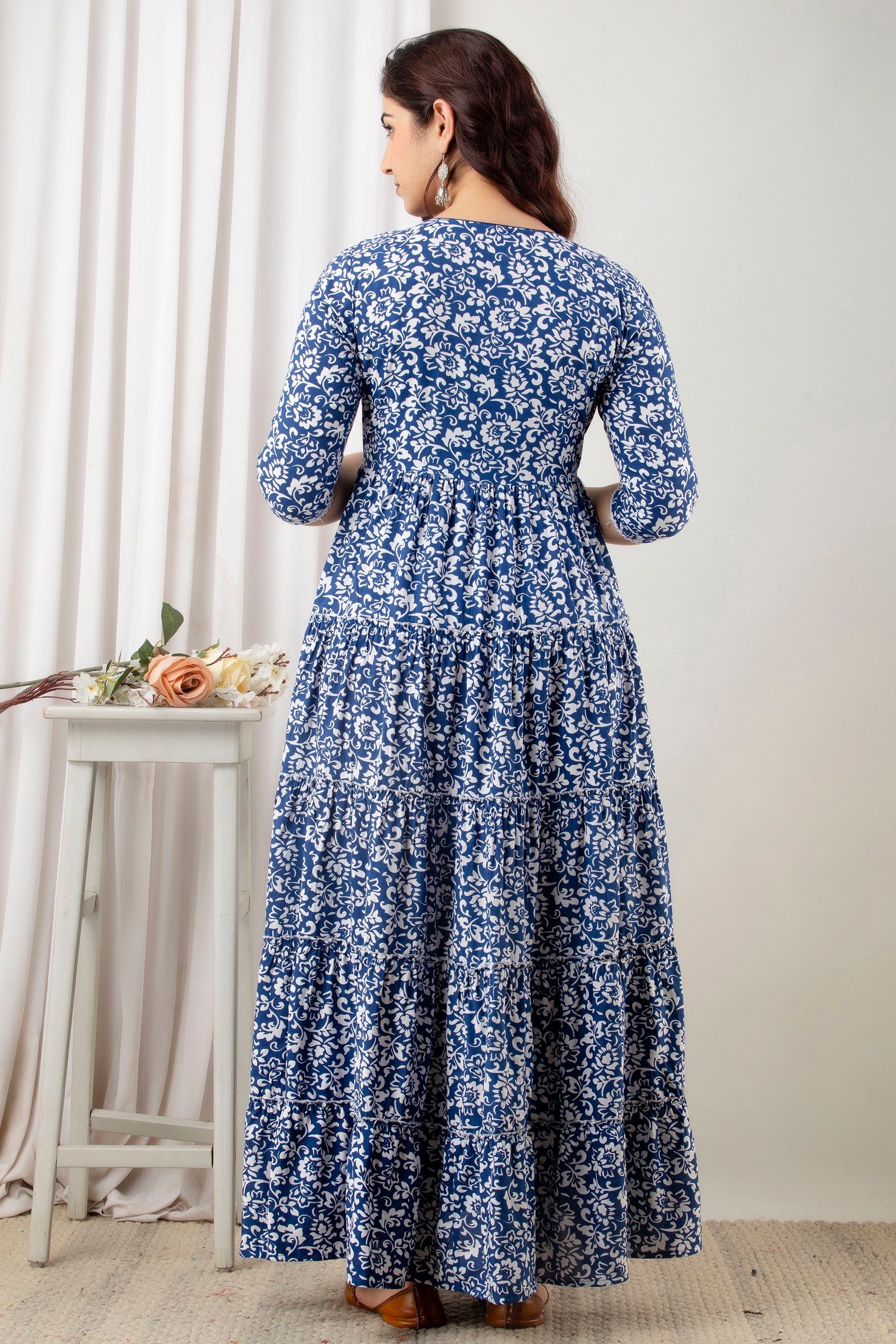 Royal Blue Floral Pure Cotton Maternity Dress | Feeding Friendly Comfortable Pregnancy Wear - HENAL
