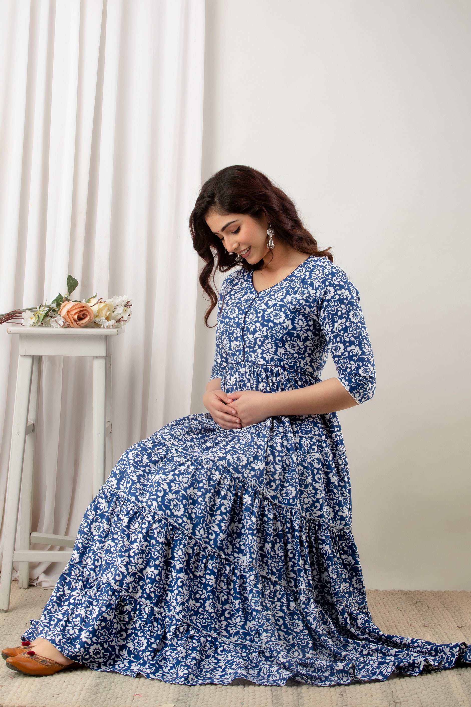 Royal Blue Floral Pure Cotton Maternity Dress | Feeding Friendly Comfortable Pregnancy Wear - HENAL