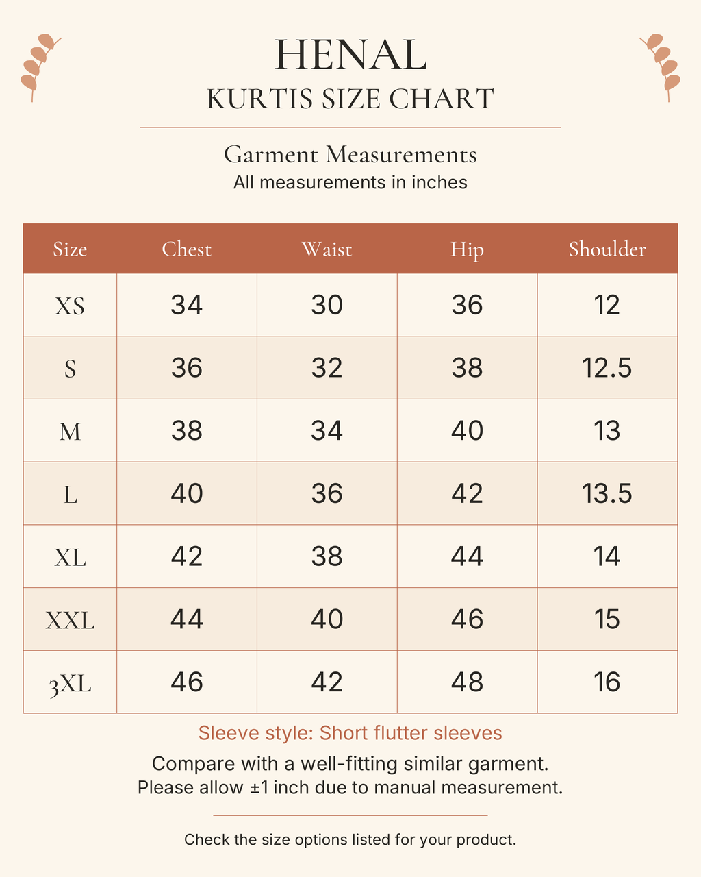 HENAL finished garment size chart in inches for XS, S, M, L, XL, XXL and 3XL; chest, waist, hip and shoulder measurements; sleeve style: short flutter sleeves, no numeric sleeve length specified. Allow ±1 inch for manual measurement.