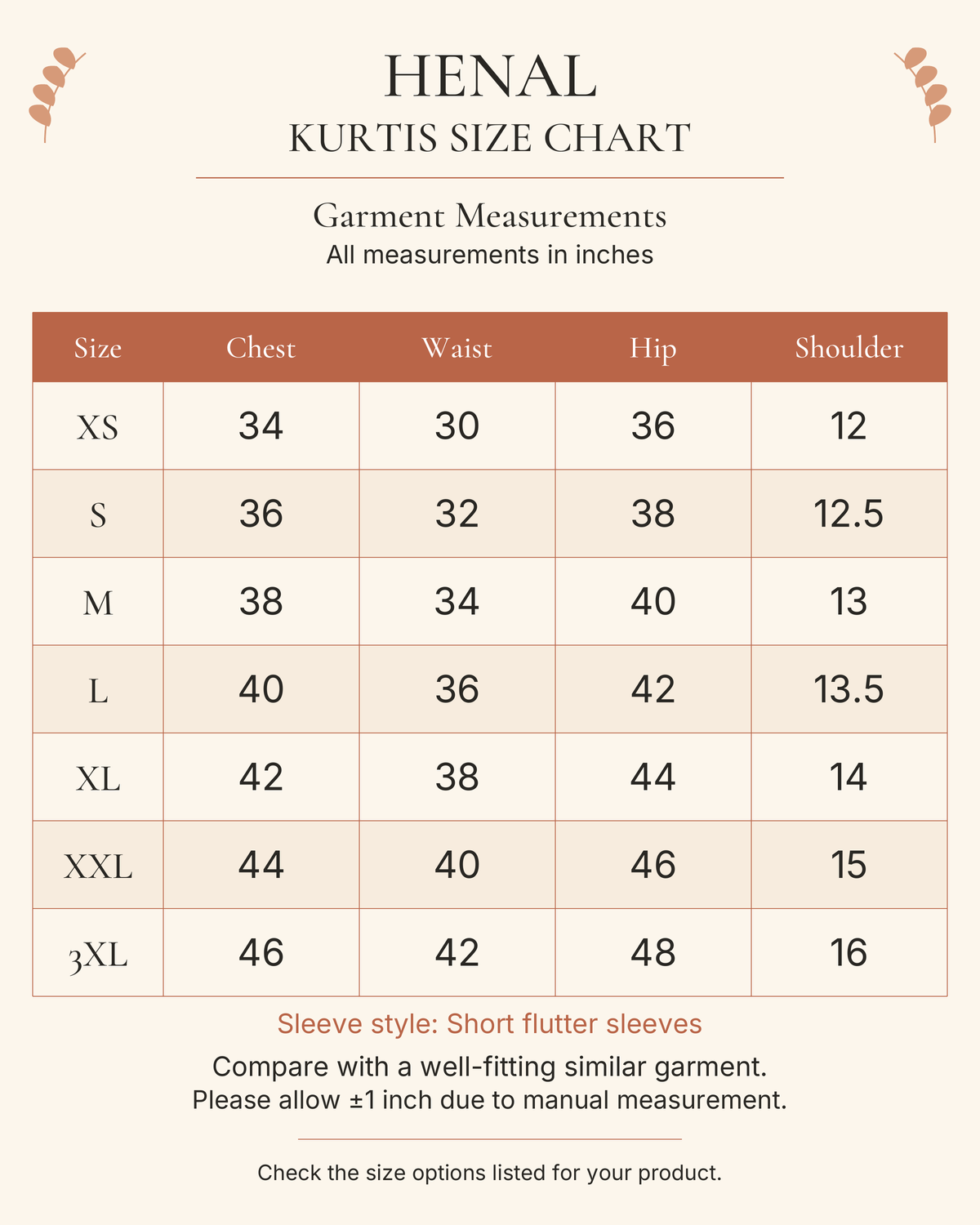 HENAL H440 finished-garment size chart in inches. Choose a size listed for this product.