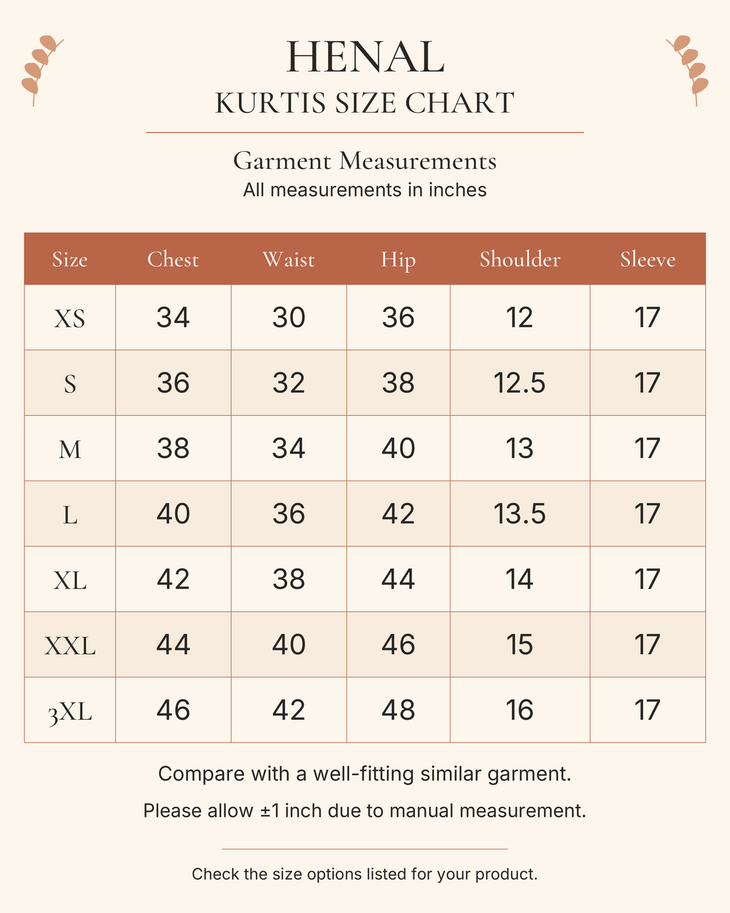 HENAL H444 kurta size chart in inches. Choose a size listed for this product. This chart does not provide trouser measurements.