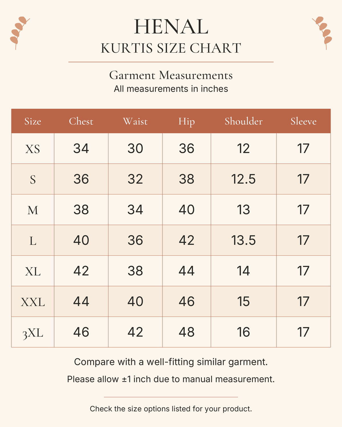 HENAL H447 finished-garment size chart in inches. Choose a size listed for this product.
