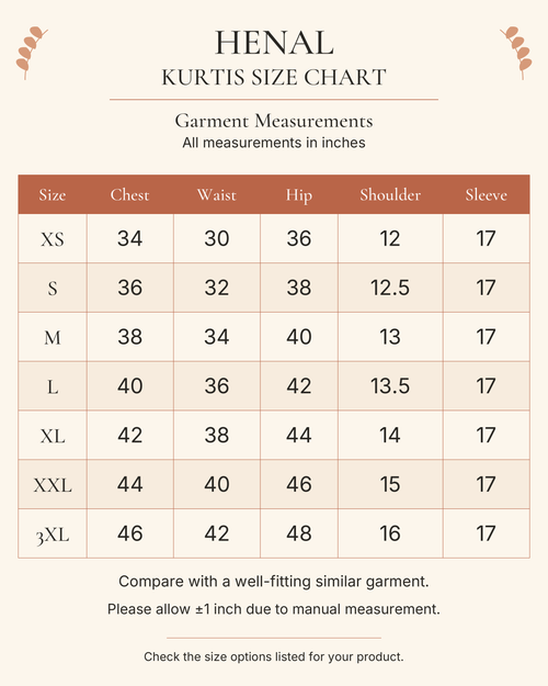 HENAL H2529 top size chart in inches. Choose a size listed for this product. This chart does not provide trouser measurements.