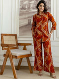 HENAL H2514 Rust printed co-ord set with collared shirt and matching palazzos, full outfit view.