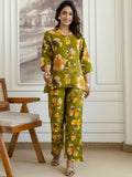 HENAL H2517 Green co-ord set. Full-length front view of green floral shirt and trousers.
