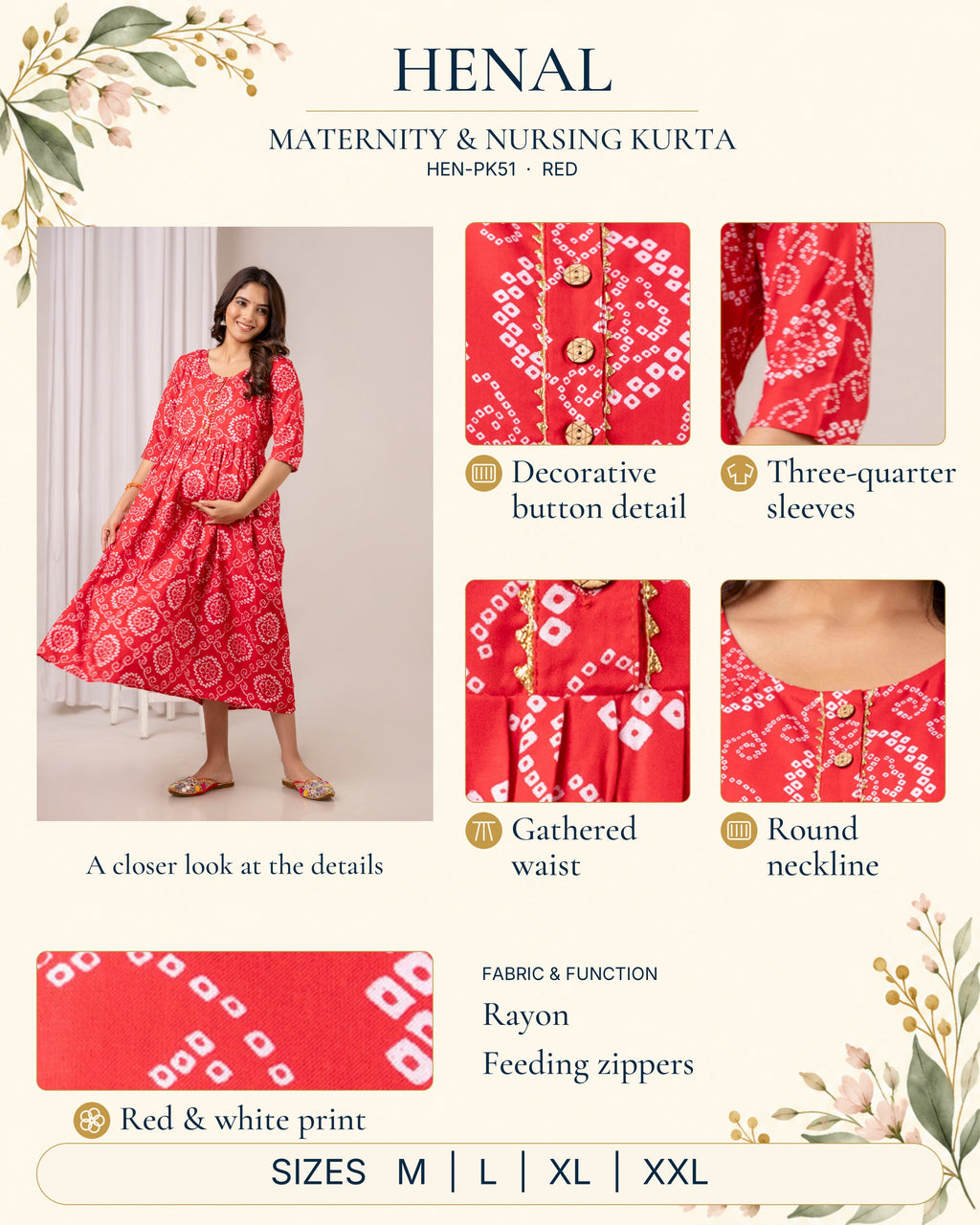 HENAL HEN-PK51 Red maternity and nursing kurta: full outfit, decorative button detail, three-quarter sleeves, gathered waist, round neckline and red-and-white print. Rayon with feeding zippers; sizes M, L, XL and XXL.