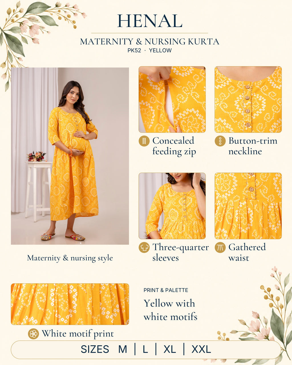HENAL PK52 Yellow maternity and nursing kurta infographic with original full-length photograph and genuine close-ups of concealed feeding zip, button-trim neckline, three-quarter sleeves, gathered waist and white motif print. Sizes M, L, XL and XXL.