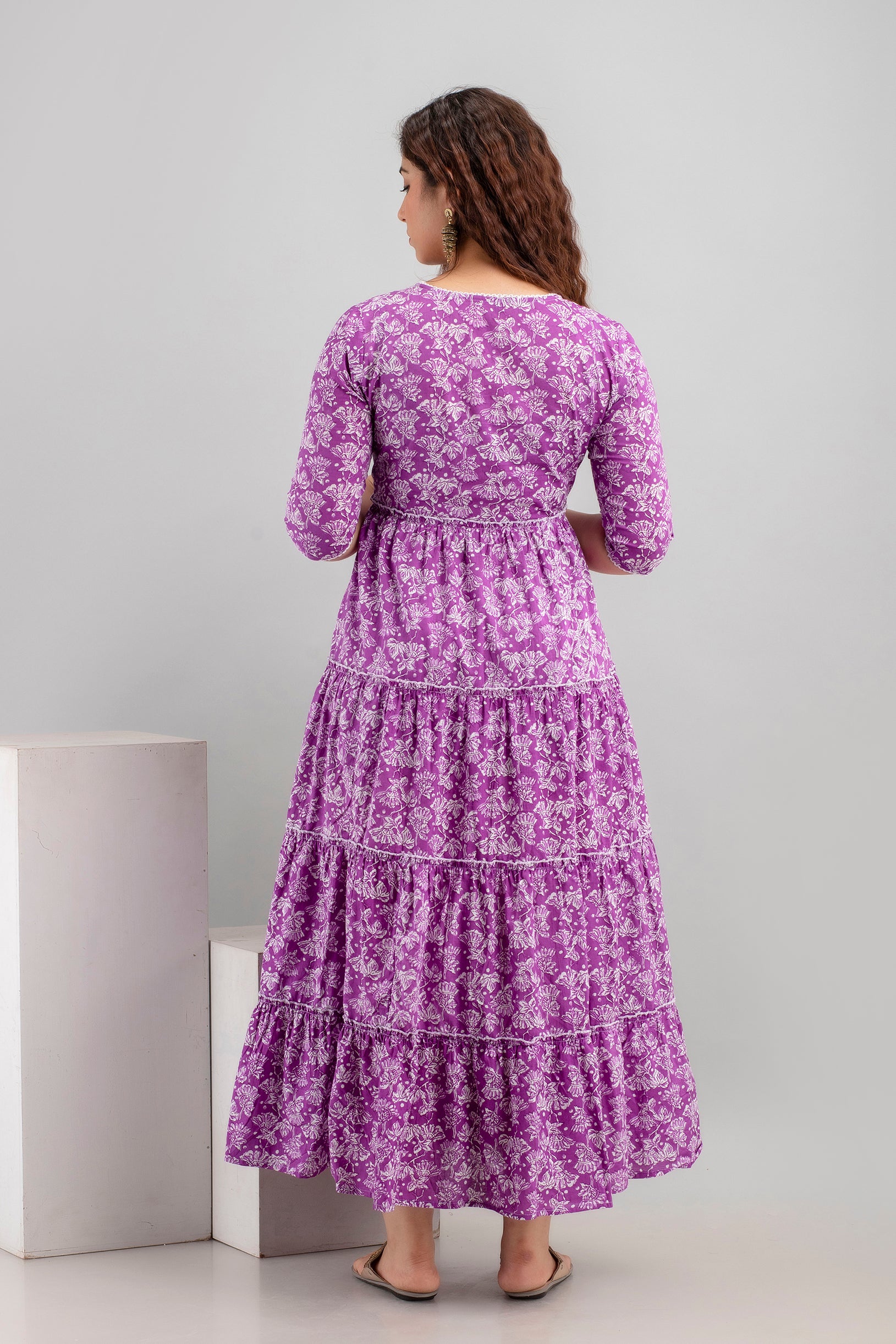 Purple Floral Pure Cotton Maternity Dress | Feeding Friendly Comfortable Pregnancy Wear - HENAL