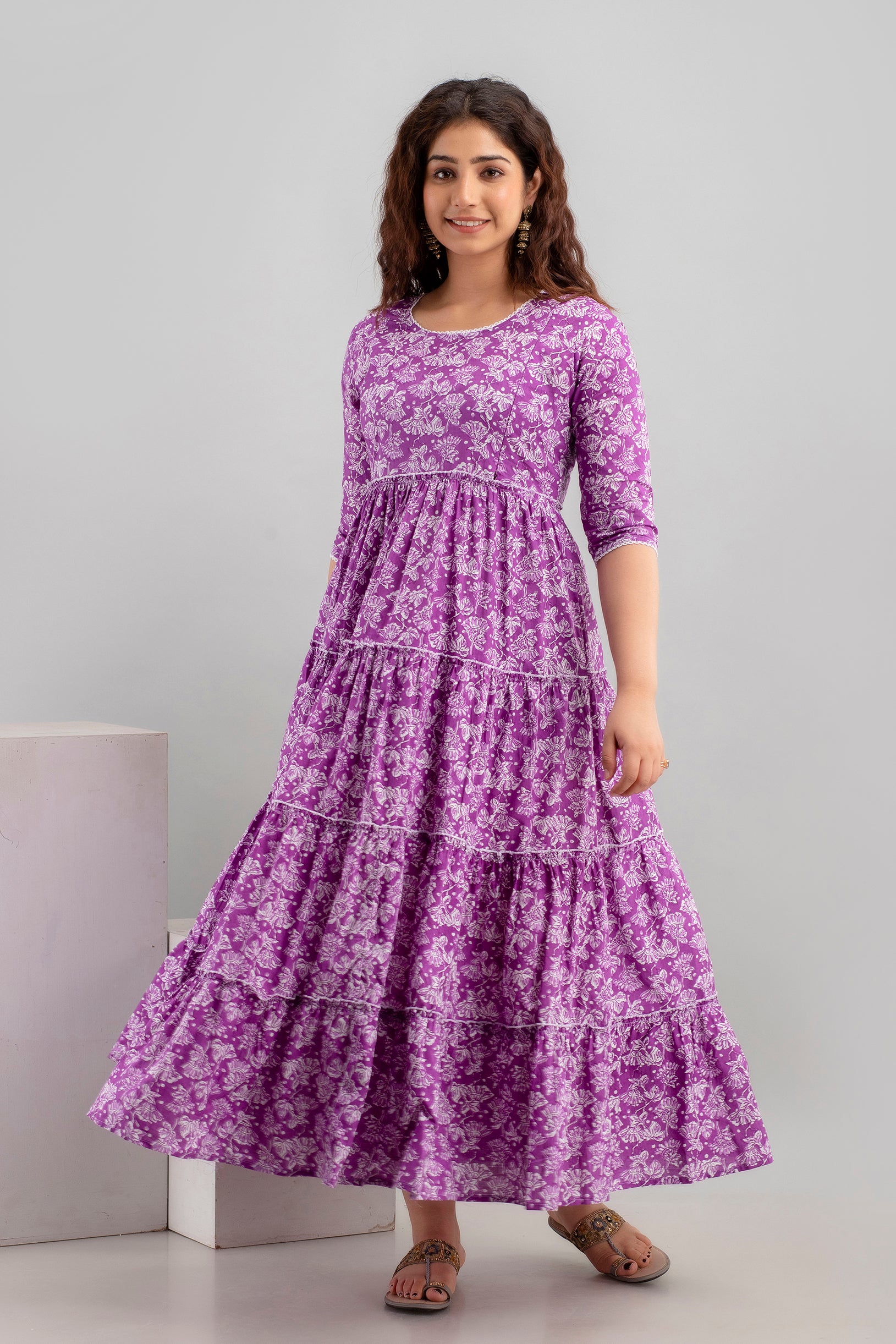 Purple Floral Pure Cotton Maternity Dress | Feeding Friendly Comfortable Pregnancy Wear - HENAL