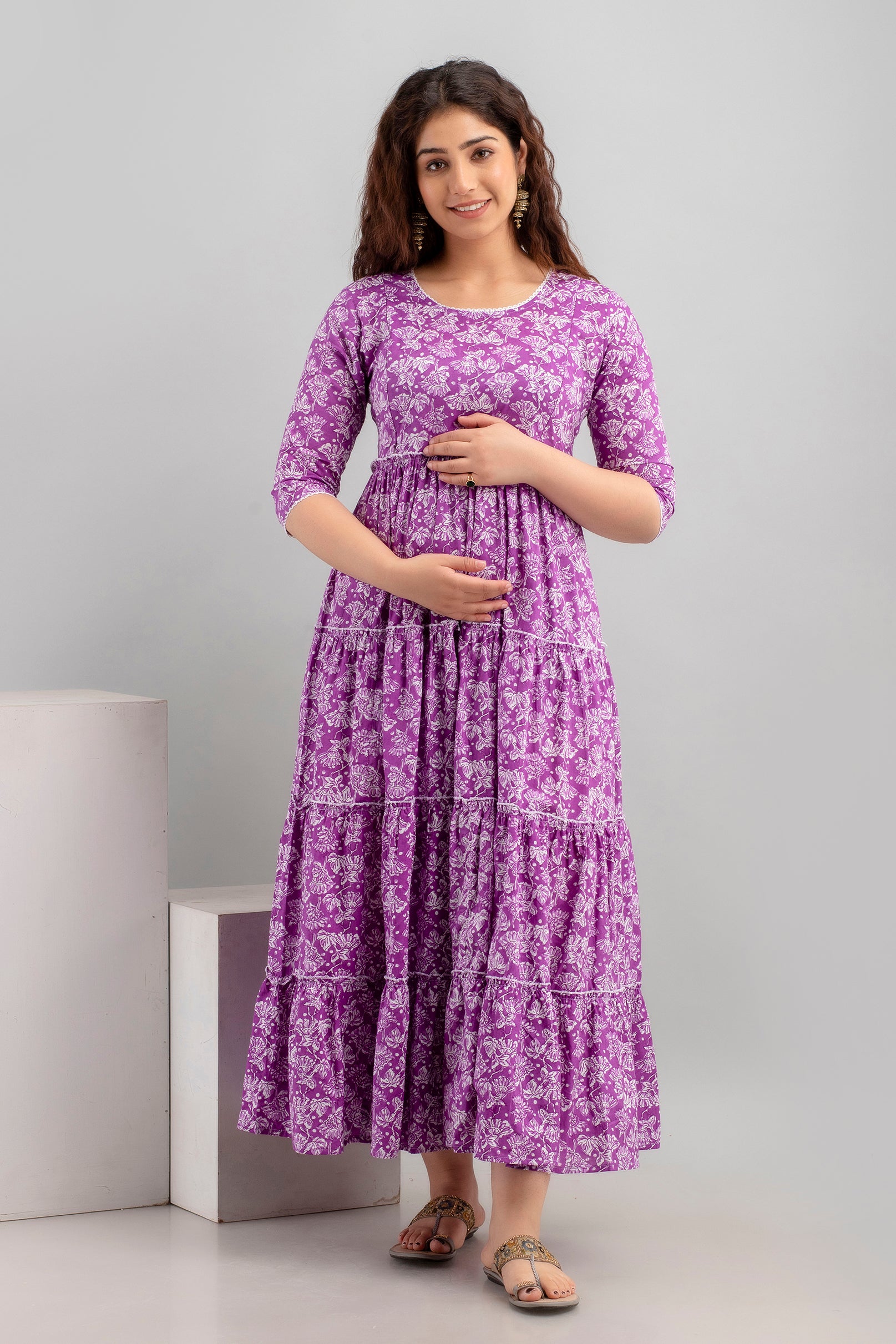 Purple Floral Pure Cotton Maternity Dress | Feeding Friendly Comfortable Pregnancy Wear - HENAL