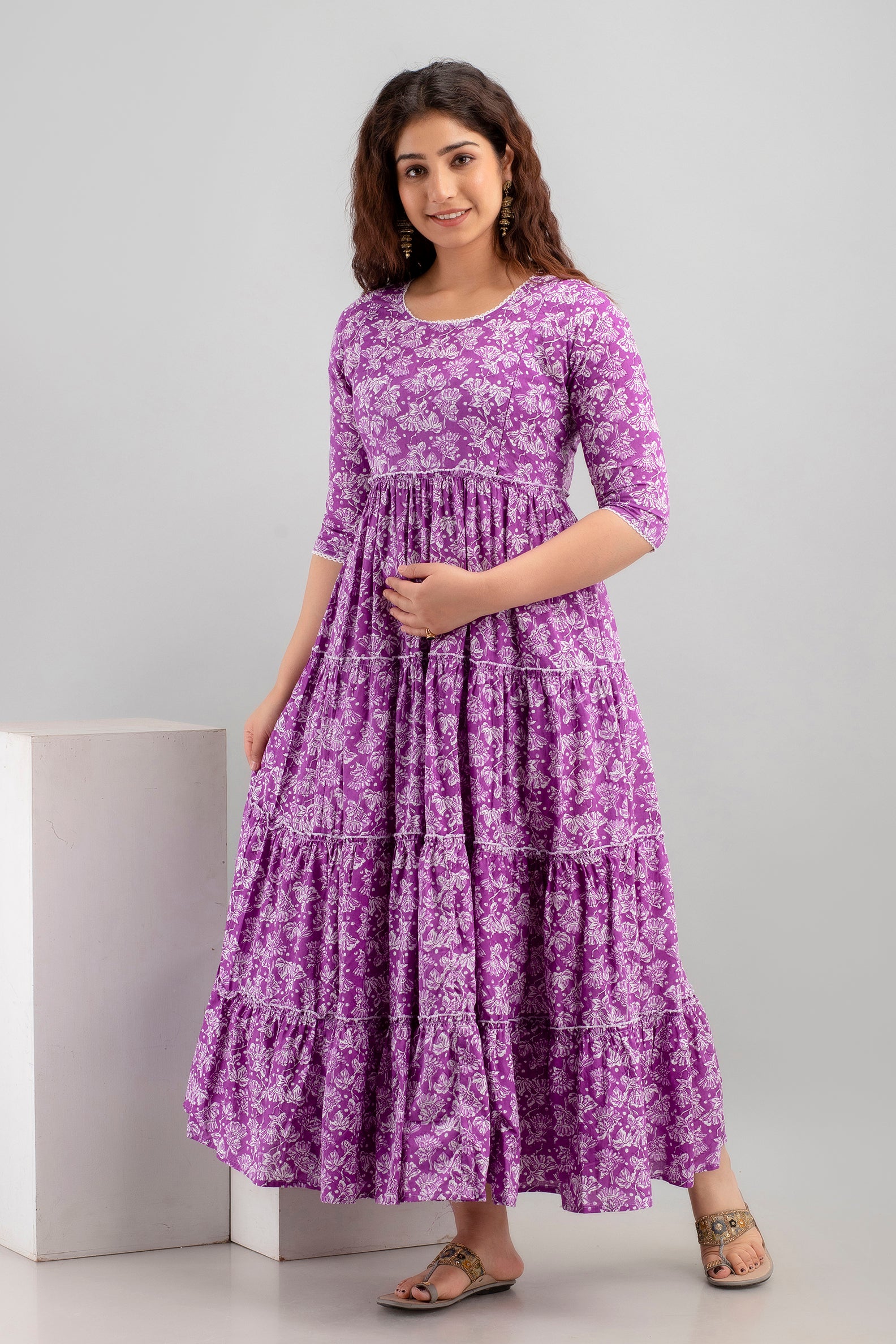 Purple Floral Pure Cotton Maternity Dress | Feeding Friendly Comfortable Pregnancy Wear - HENAL