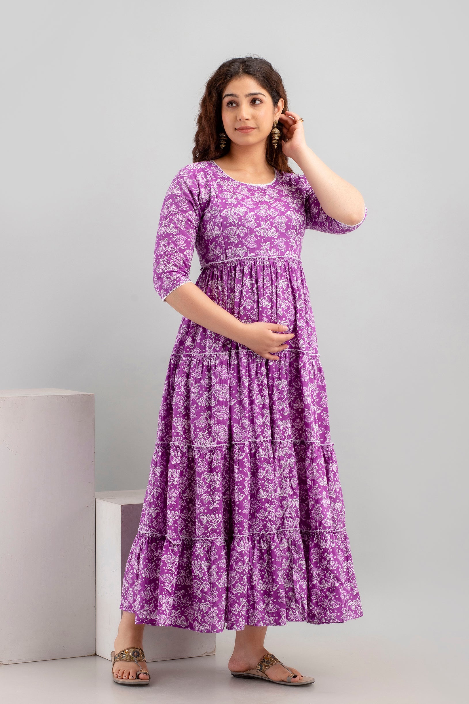 Purple Floral Pure Cotton Maternity Dress | Feeding Friendly Comfortable Pregnancy Wear - HENAL