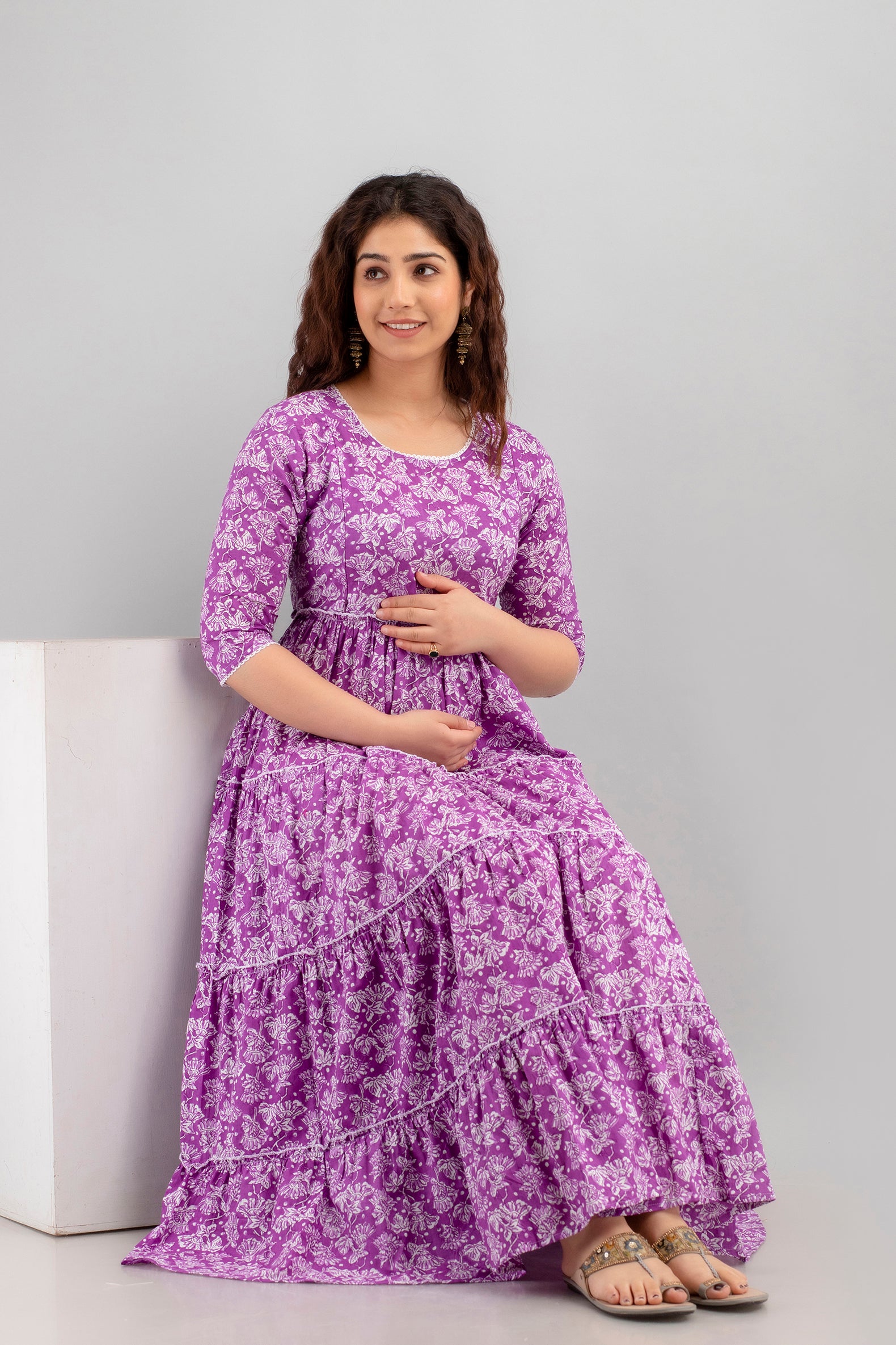 Purple Floral Pure Cotton Maternity Dress | Feeding Friendly Comfortable Pregnancy Wear - HENAL