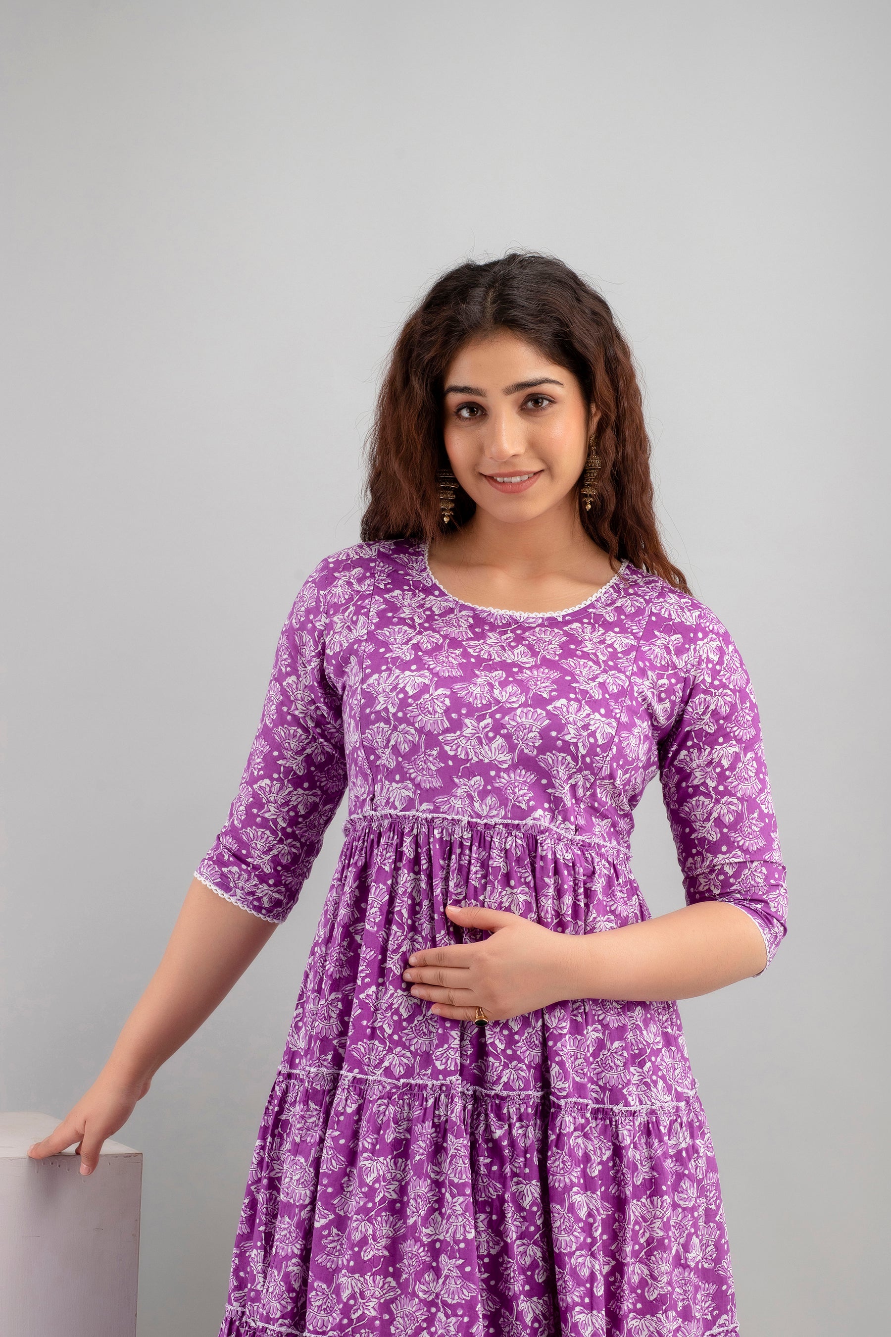 Purple Floral Pure Cotton Maternity Dress | Feeding Friendly Comfortable Pregnancy Wear - HENAL