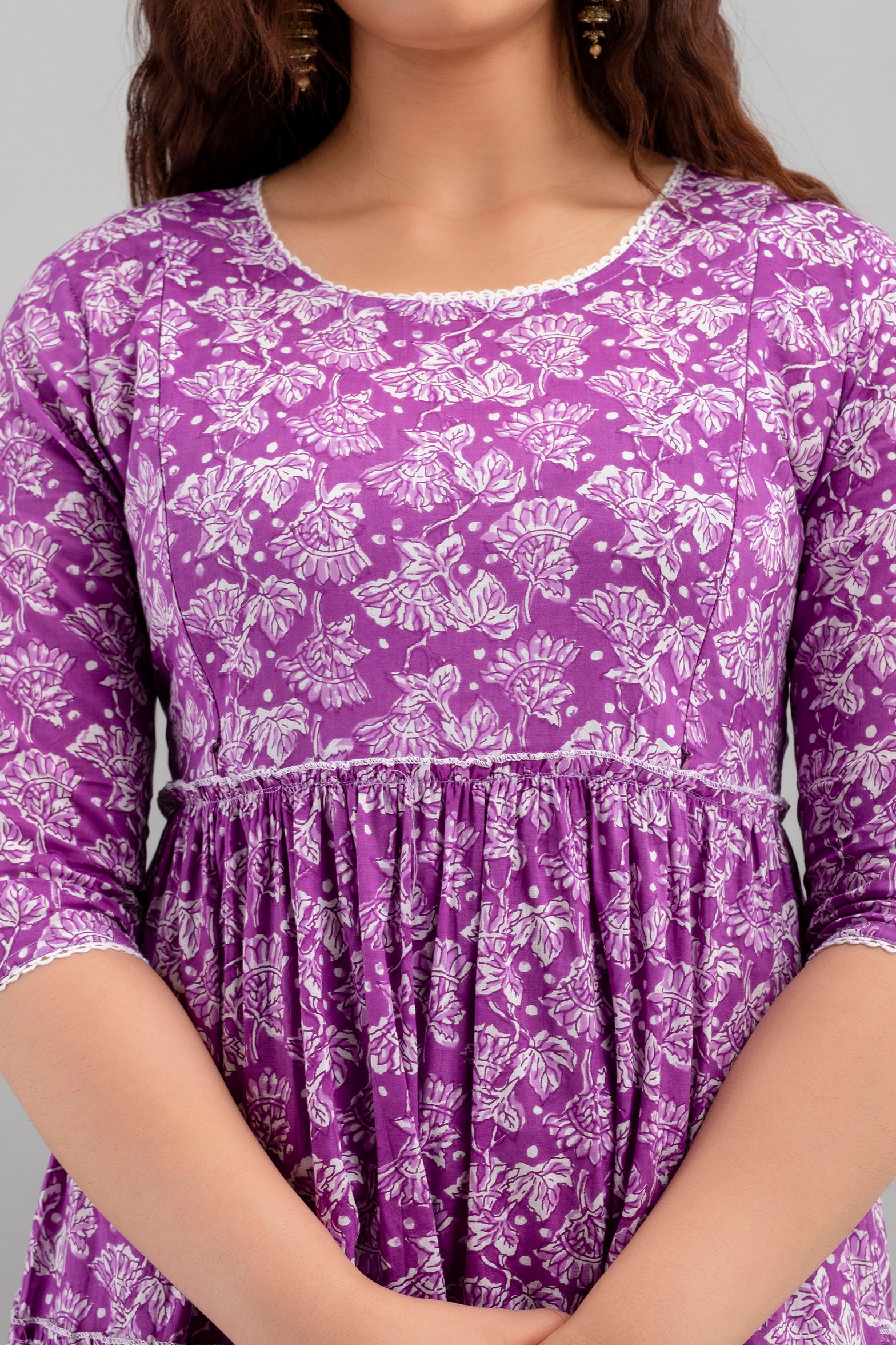 Purple Floral Pure Cotton Maternity Dress | Feeding Friendly Comfortable Pregnancy Wear - HENAL