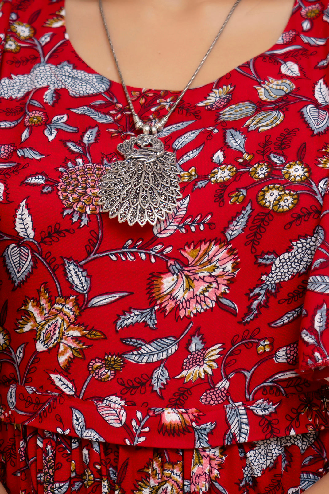 Red Floral Print Cotton Maternity Dress | Feeding Friendly Pregnancy Wear - HENAL