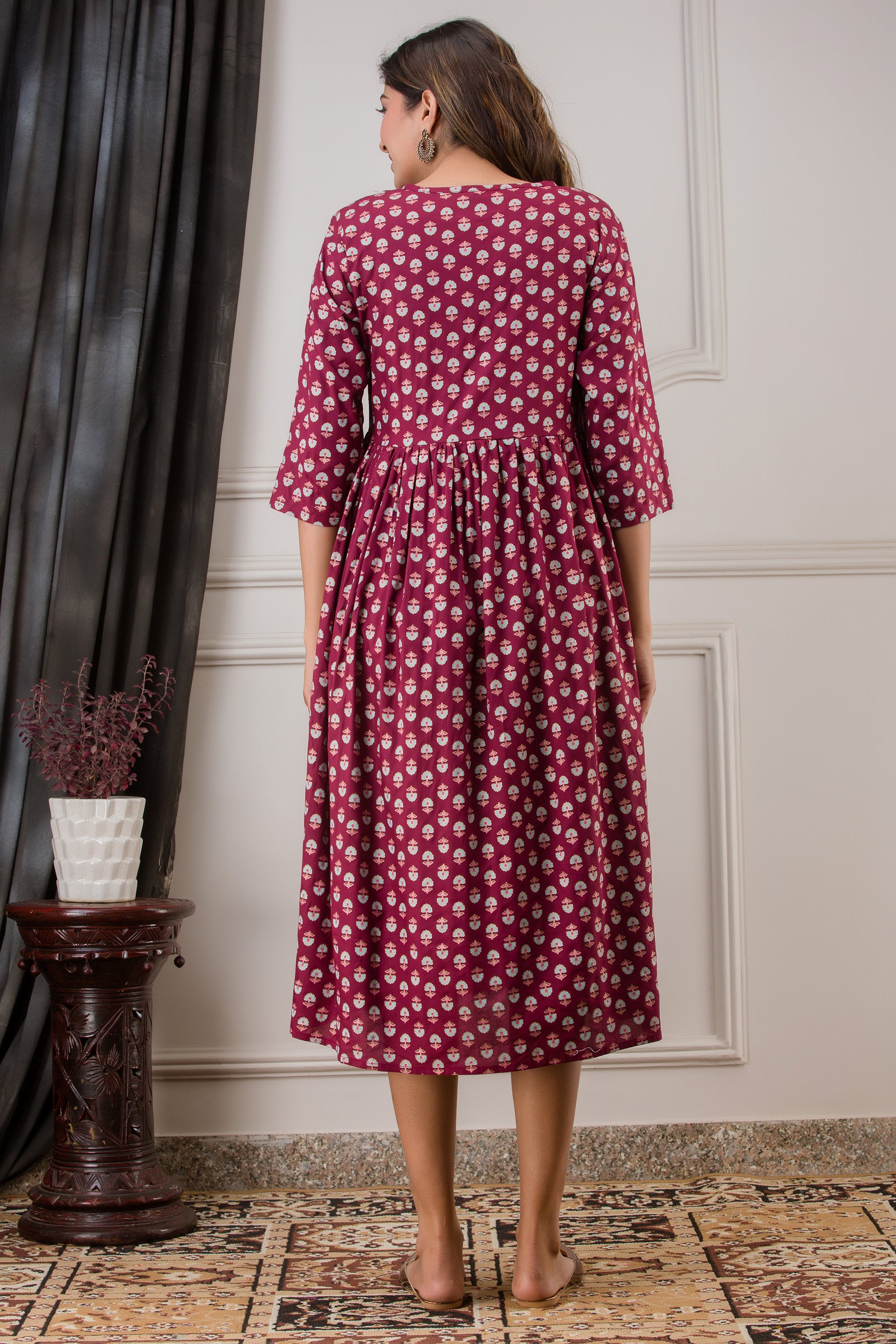 Wine Printed Cotton Maternity Dress | Comfortable Pregnancy Wear for Women - HENAL