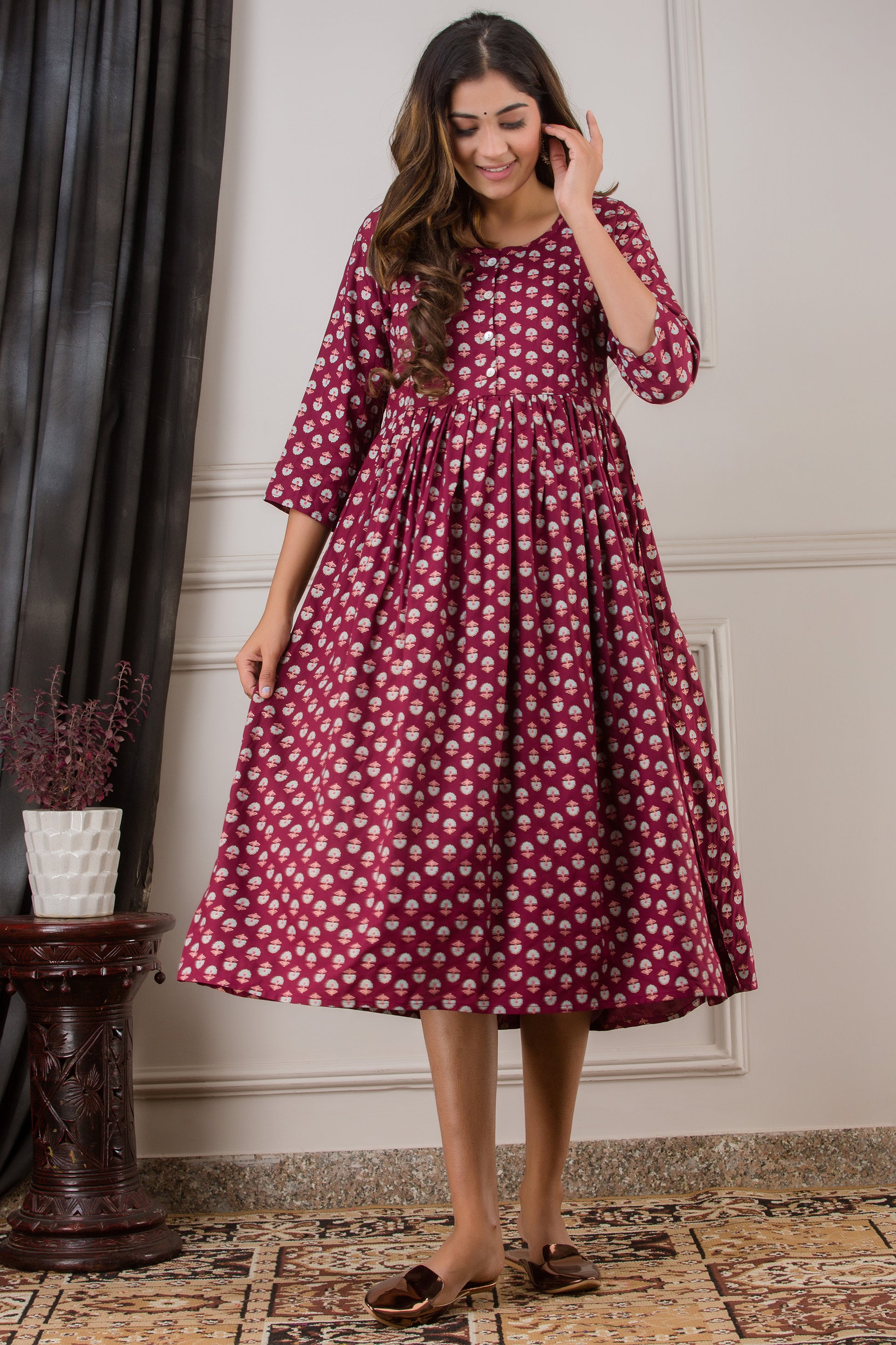 Wine Printed Cotton Maternity Dress | Comfortable Pregnancy Wear for Women - HENAL