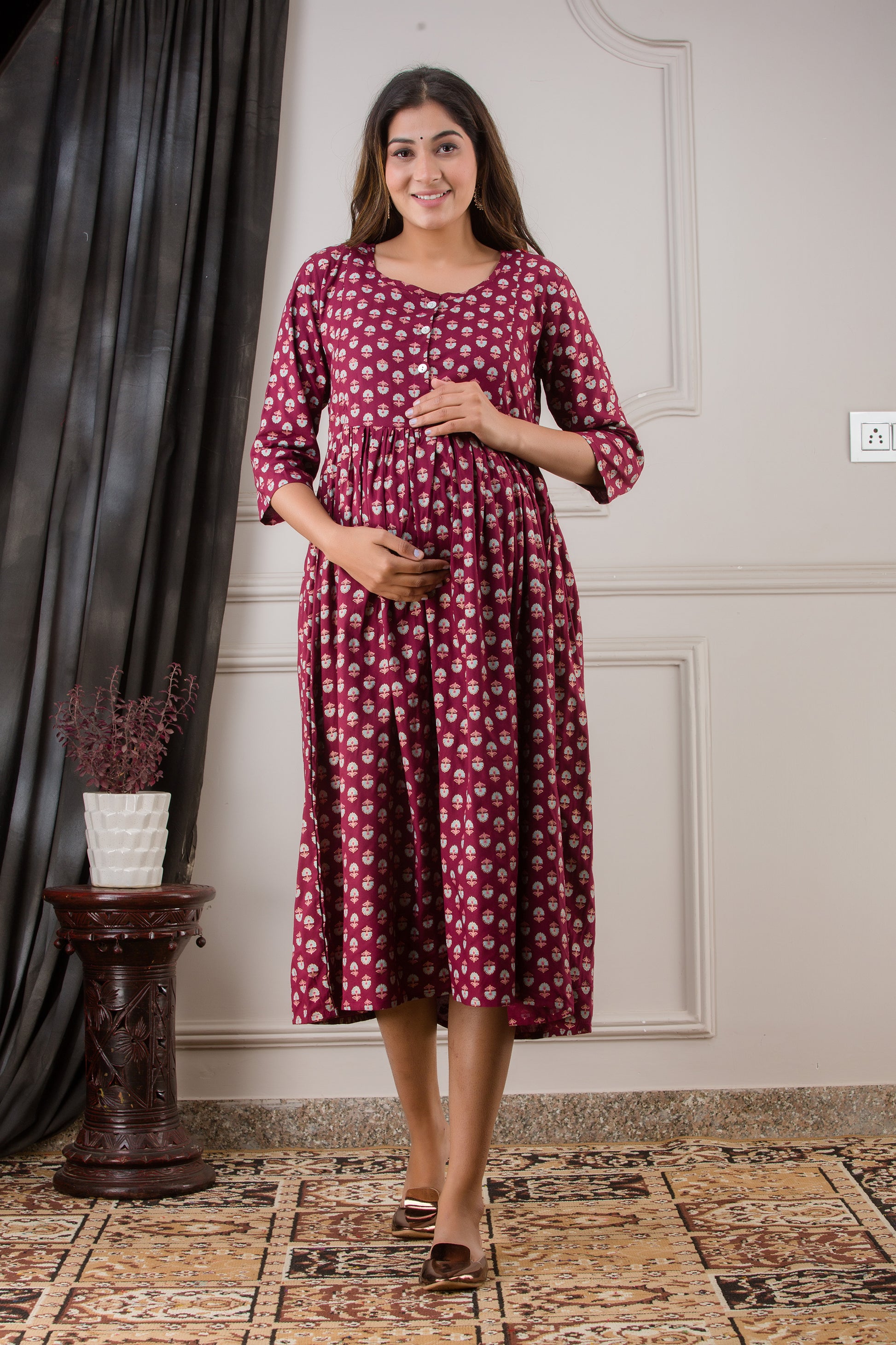 Wine Printed Cotton Maternity Dress | Comfortable Pregnancy Wear for Women - HENAL