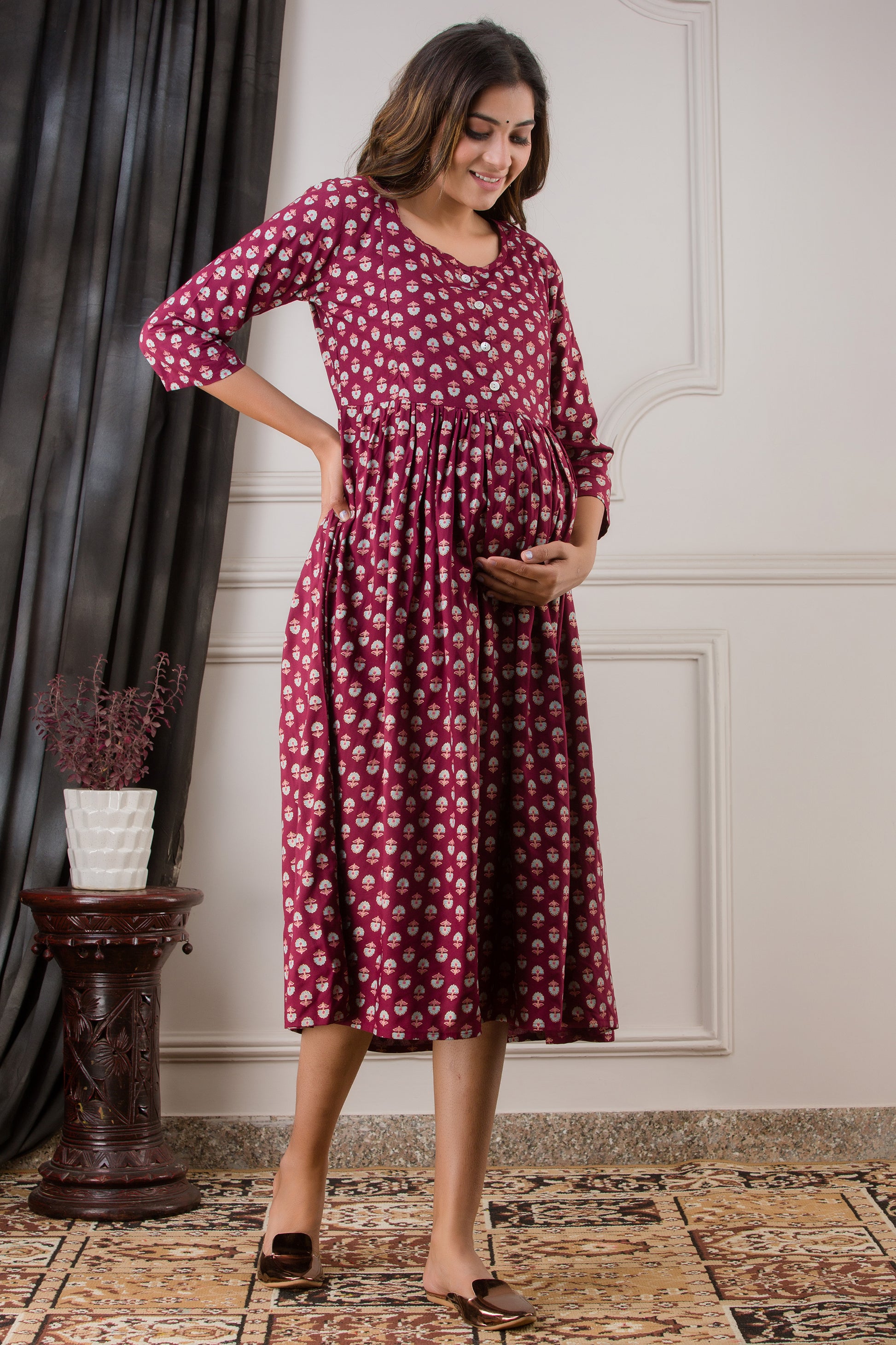 Wine Printed Cotton Maternity Dress | Comfortable Pregnancy Wear for Women - HENAL