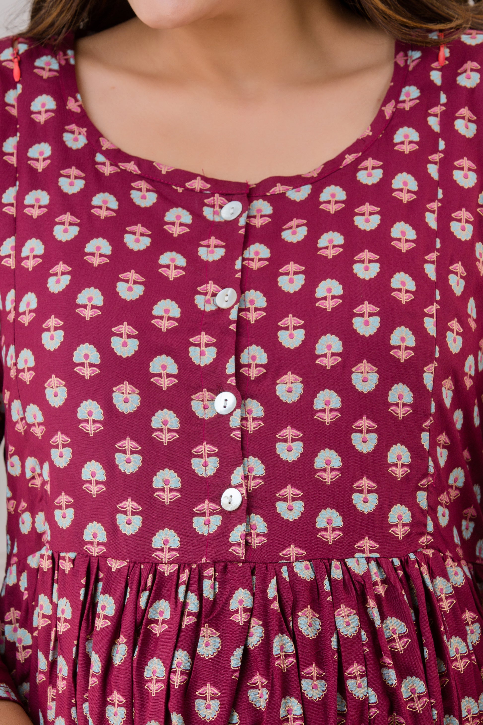 Wine Printed Cotton Maternity Dress | Comfortable Pregnancy Wear for Women - HENAL