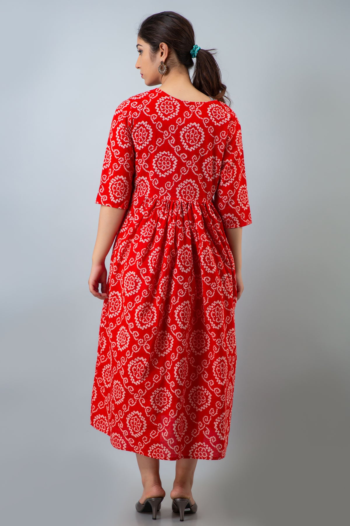 Red Bandhani-Print Maternity Midi Dress
