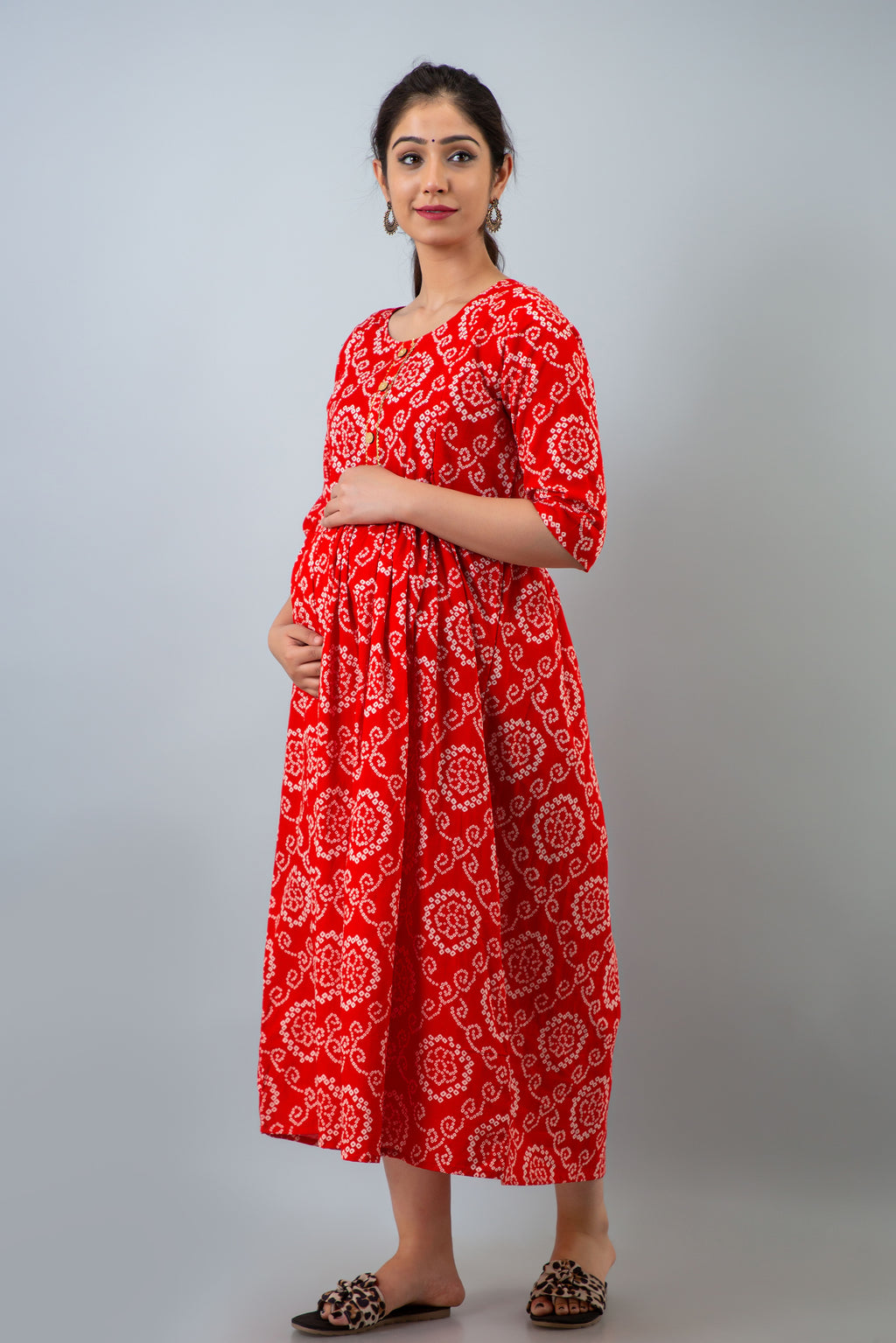 Red Bandhani-Print Maternity Midi Dress
