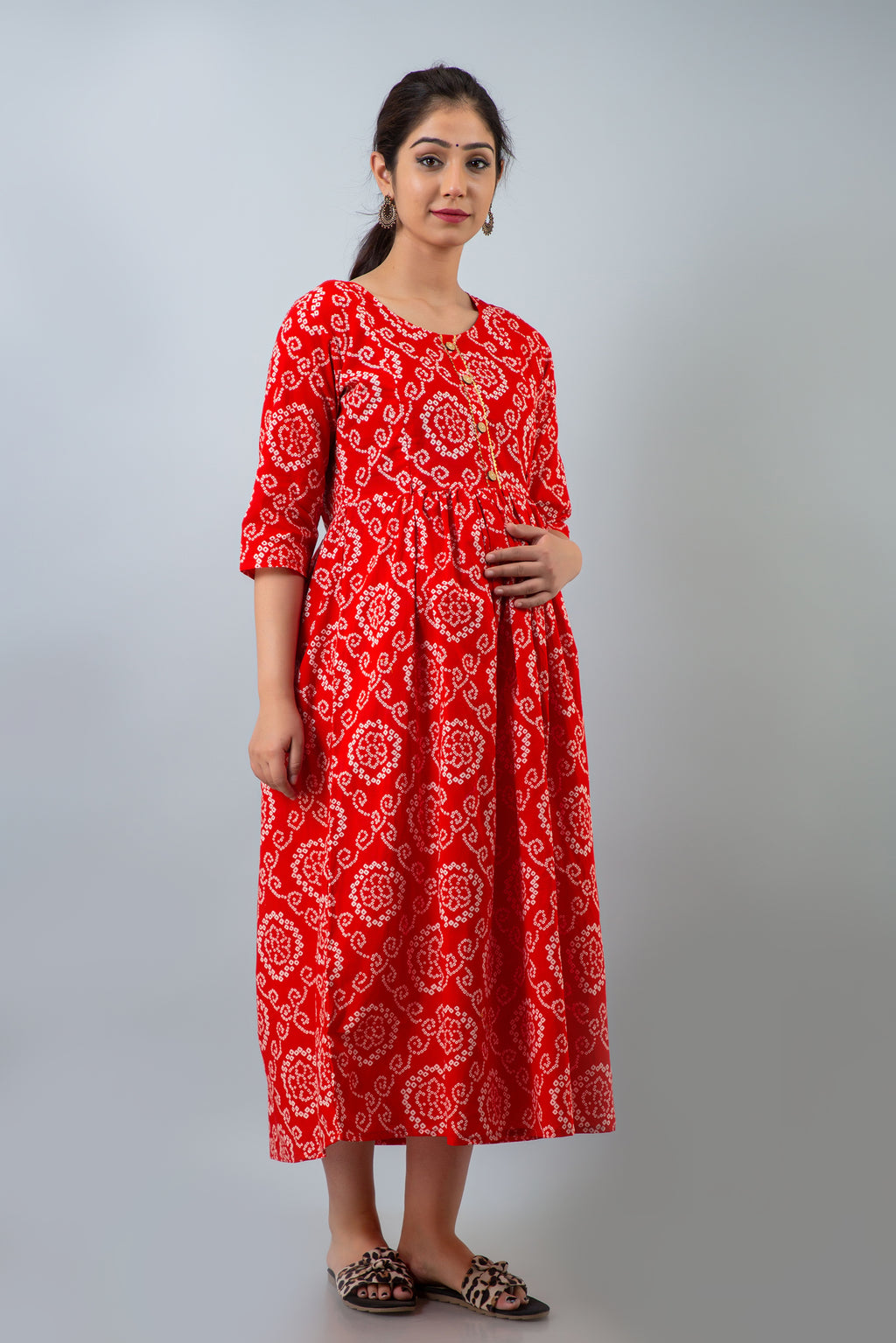 Red Bandhani-Print Maternity Midi Dress