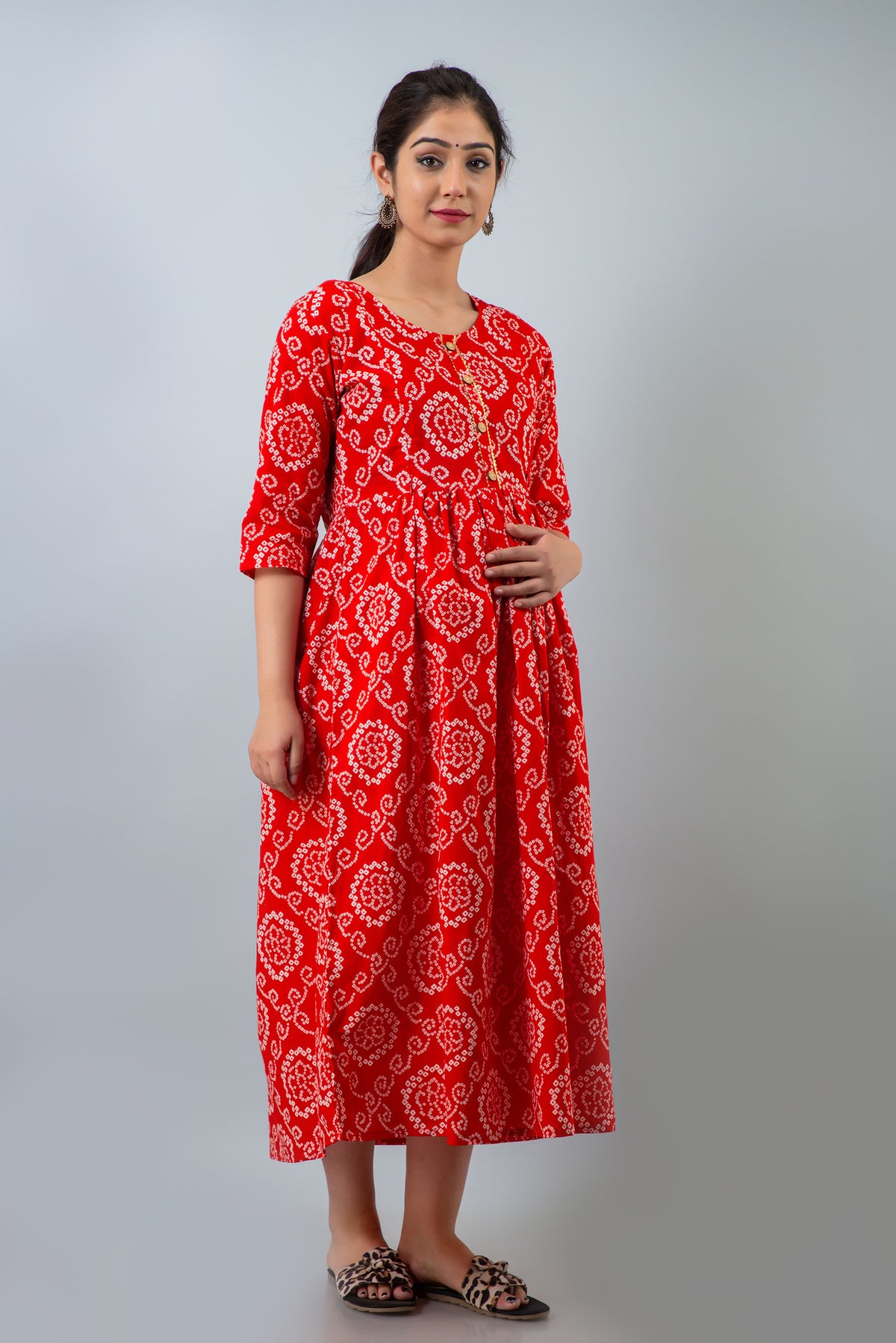 Red Bandhani-Print Maternity Midi Dress
