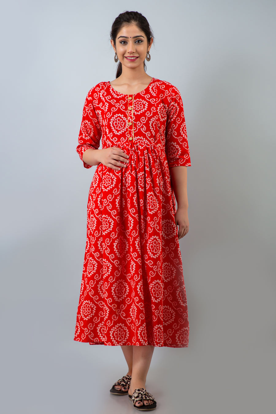 Red Bandhani-Print Maternity Midi Dress