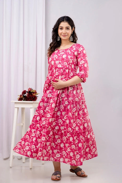 Henal Soft Pink Floral Cotton Maternity Dress – Elegant Comfort for Everyday Glow
