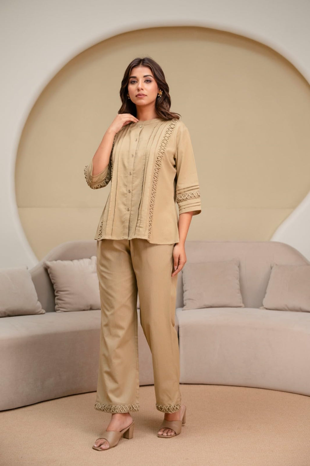 Full-length front view of beige co-ord set with cutwork trim