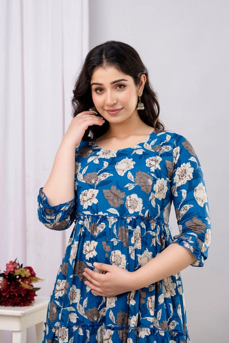 Henal Cotton Blue Floral Maternity Dress – Elegant Maxi for Pregnancy & Nursing Comfort