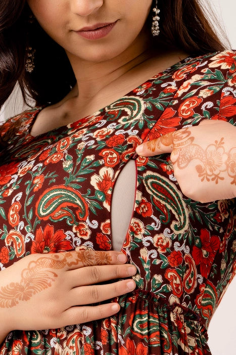 Maroon Flower Jall Maternity Kurta