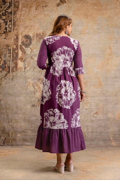 Wine Floral Comfort Maternity Gown – Soft Cotton, Relaxed Fit, Nursing Friendly