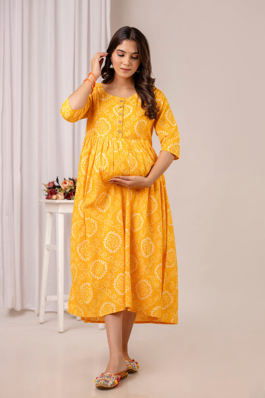 Yellow Bandhani Print Cotton Maternity Dress | Feeding Friendly Pregnancy Wear - HENAL