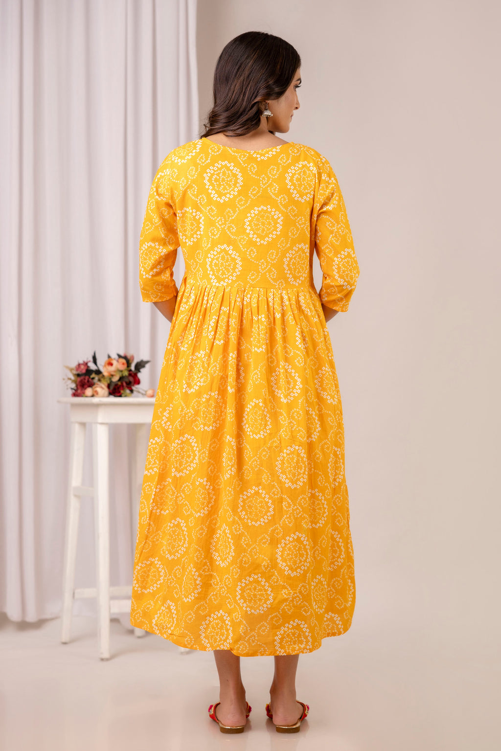 HENAL PK52 Yellow maternity and nursing kurta: full-length back view showing waist gathering.